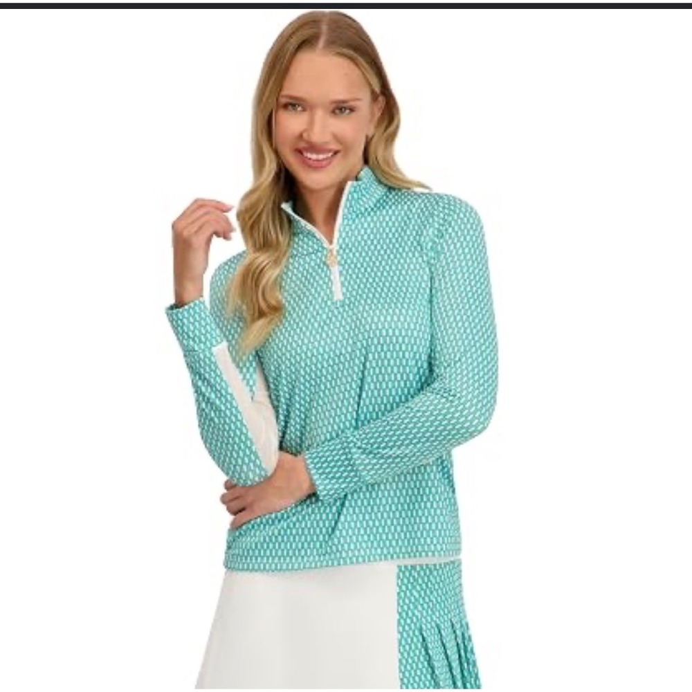 Stella Parker Sport Teal White Geometric Quarter Zip Pullover Mesh Venting L